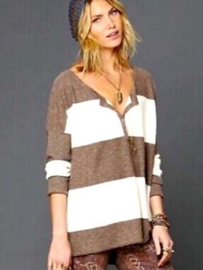 Free People Beach Cookies & Cream Henley Medium Oversized Linen Blend